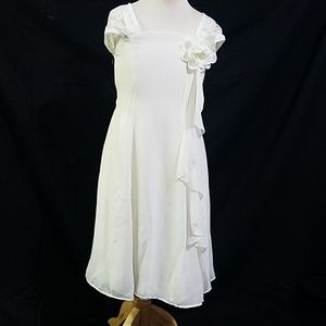 Ivory Cape Shoulder Tea Length Chiffon Dress